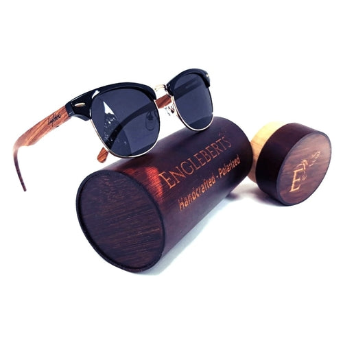 Sonnenbrille aus Walnussholz im Clubmaster-Stil mit Bambusetui, polarisiert