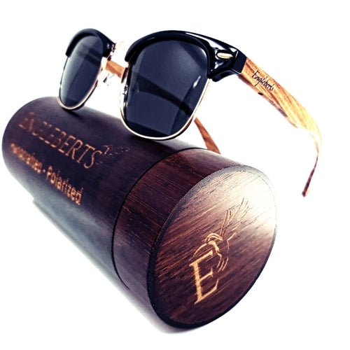 Sonnenbrille aus Walnussholz im Clubmaster-Stil mit Bambusetui, polarisiert
