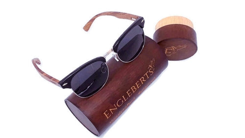 Sonnenbrille aus Walnussholz im Clubmaster-Stil mit Bambusetui, polarisiert